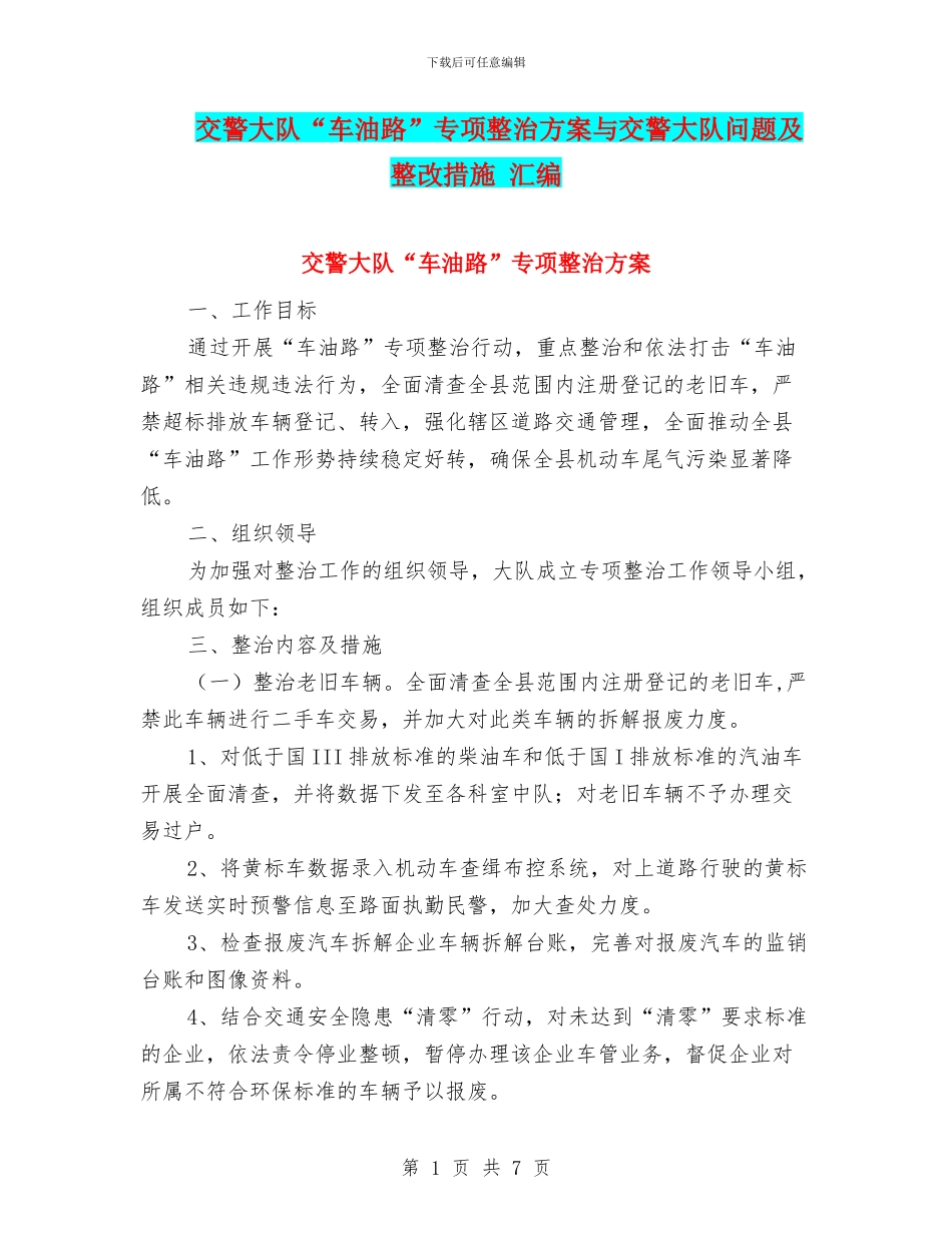 交警大队“车油路”专项整治方案与交警大队问题及整改措施_第1页