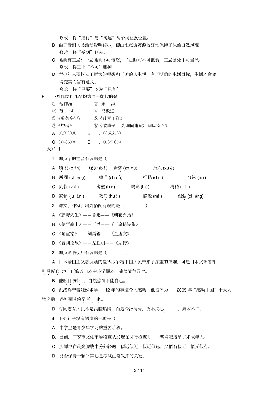 中考语文基础训练选择题_第2页