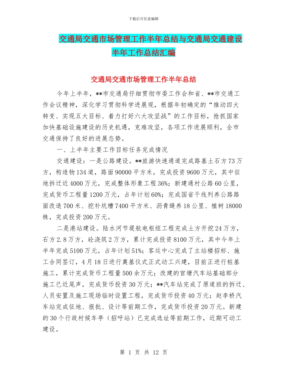交通局交通市场管理工作半年总结与交通局交通建设半年工作总结汇编_第1页