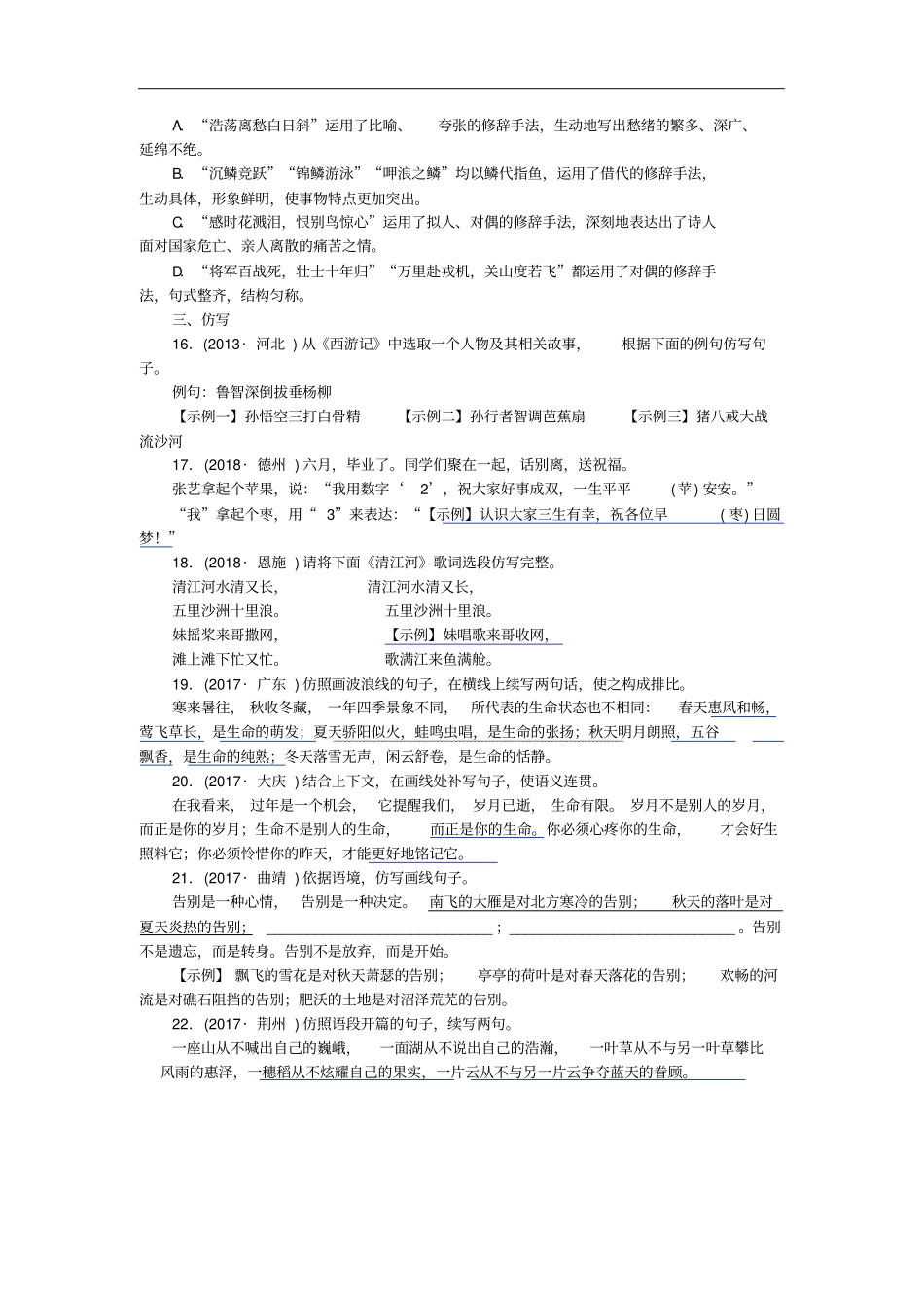 中考语文总复习第10讲对联、修辞与仿写练习_第3页