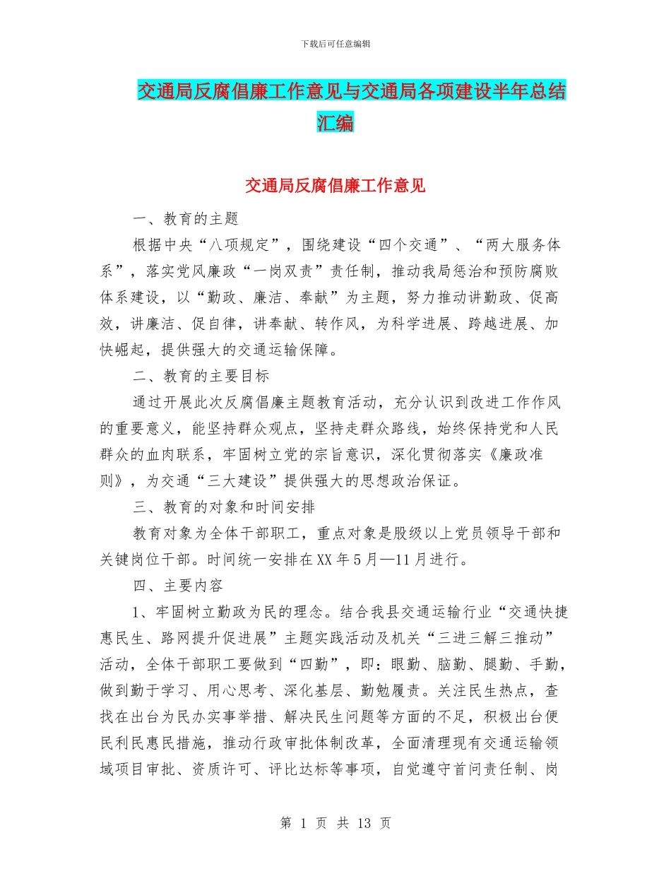 交通局反腐倡廉工作意见与交通局各项建设半年总结汇编_第1页