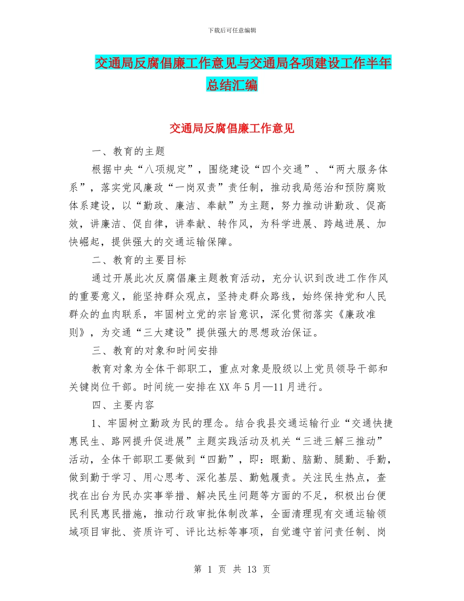 交通局反腐倡廉工作意见与交通局各项建设工作半年总结汇编_第1页