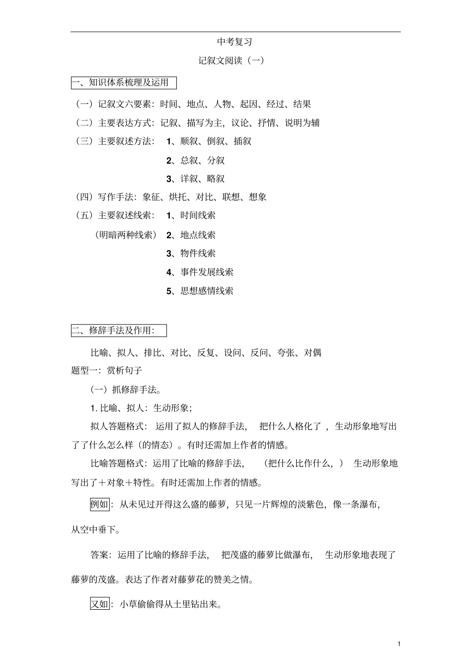 中考阅读复习——记叙文修辞手法的作用讲解_第1页