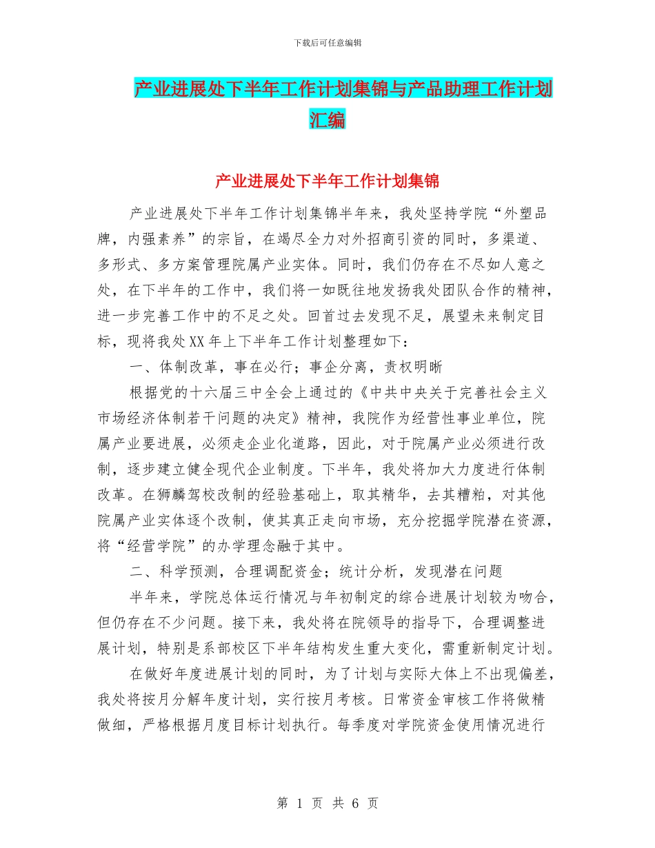 产业发展处下半年工作计划集锦与产品助理工作计划汇编_第1页