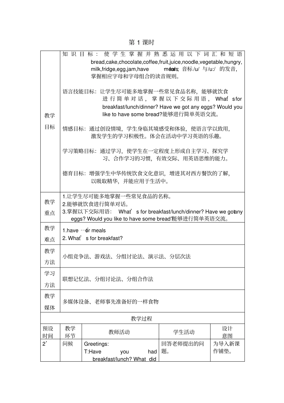 中职英语教材外研版基础模块第一册教学设计Unit6What’sforDinner_第2页