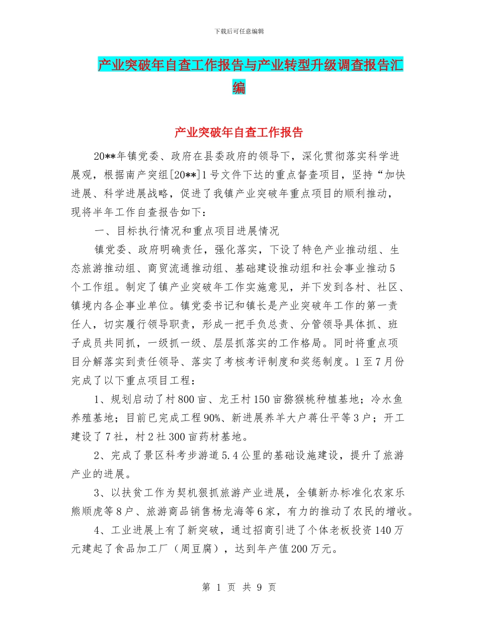 产业突破年自查工作报告与产业转型升级调查报告汇编_第1页