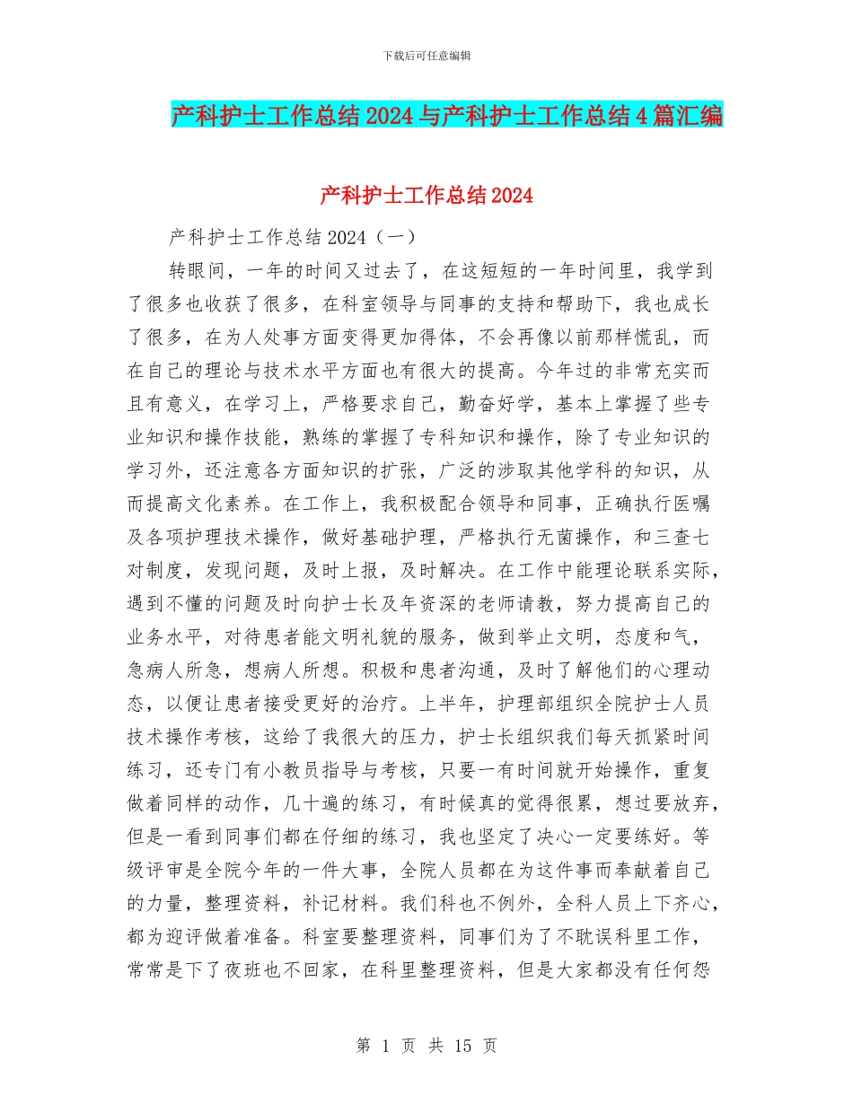 产科护士工作总结2024与产科护士工作总结4篇汇编_第1页