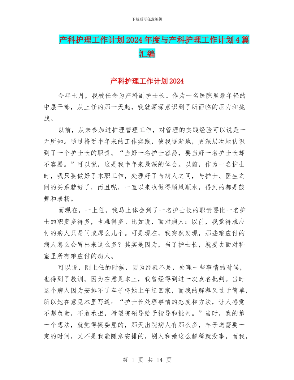 产科护理工作计划2024年度与产科护理工作计划4篇汇编_第1页
