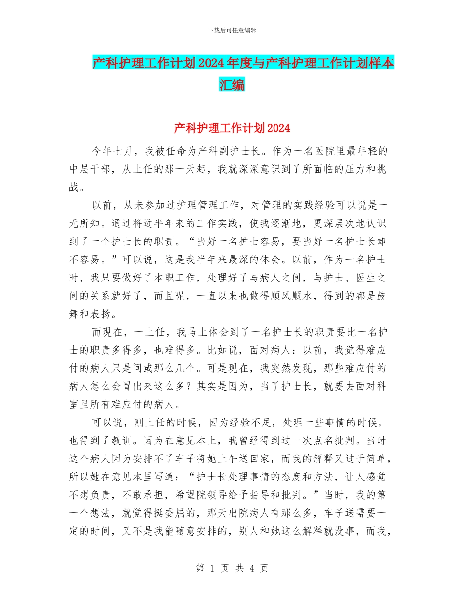 产科护理工作计划2024年度与产科护理工作计划样本汇编_第1页