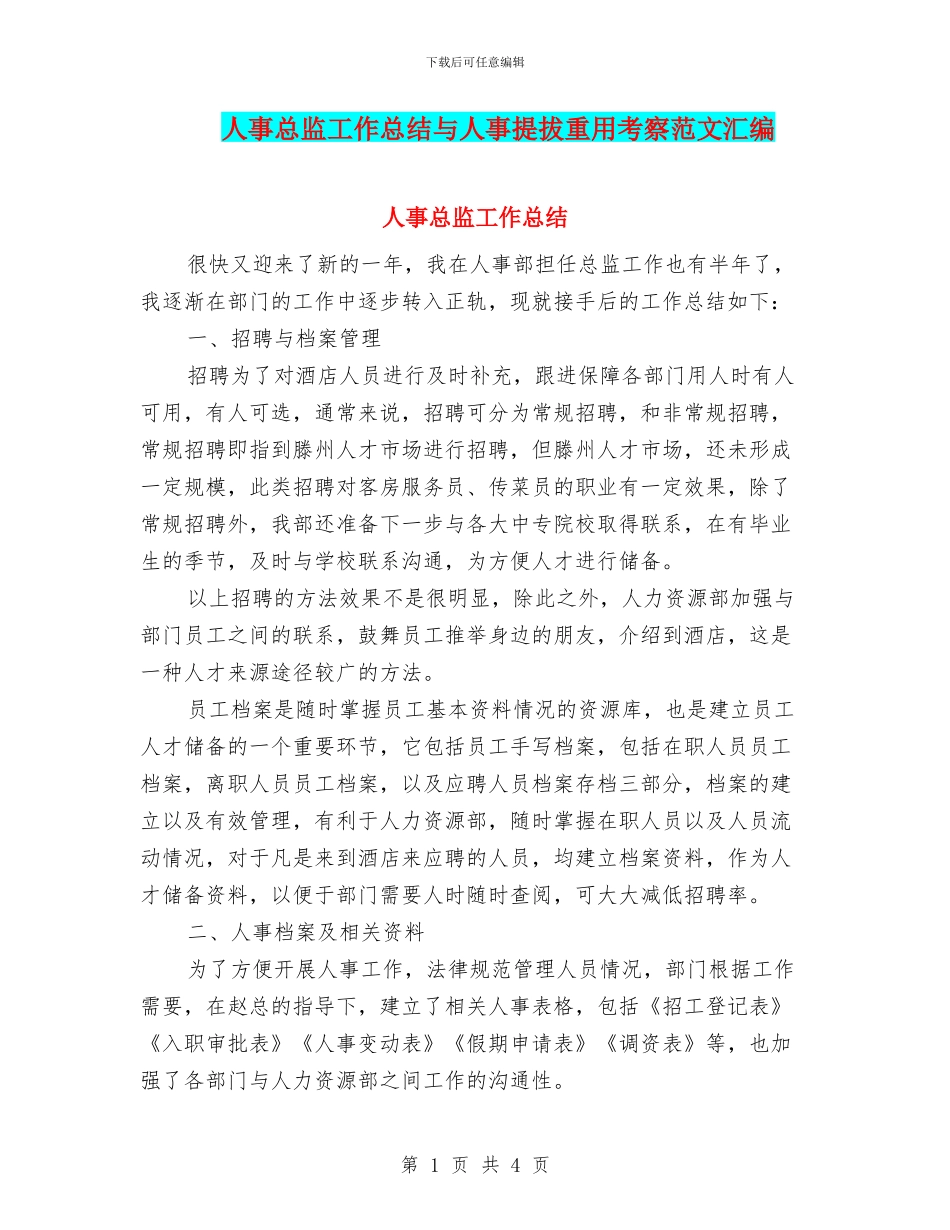 人事总监工作总结与人事提拔重用考察范文汇编_第1页