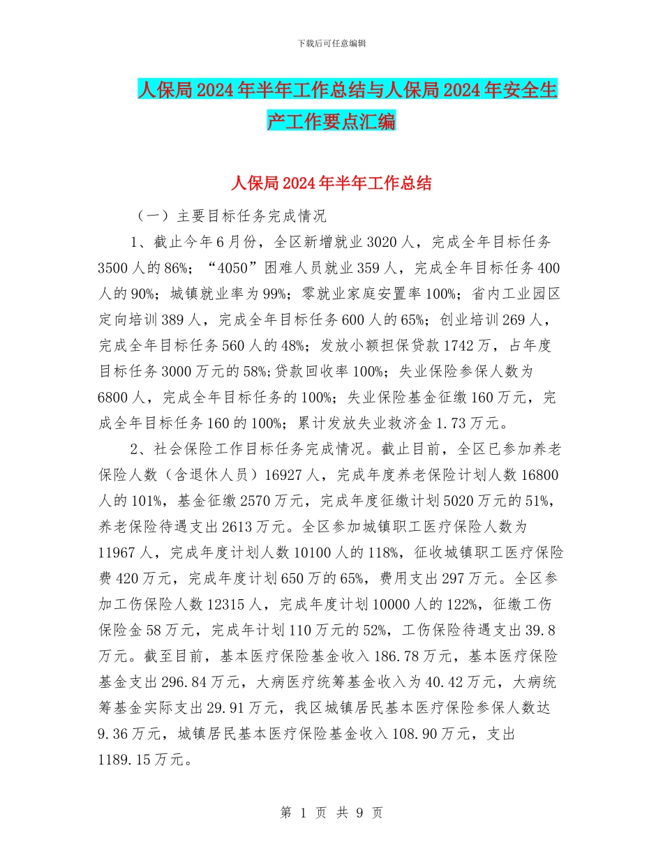 人保局2024年半年工作总结与人保局2024年安全生产工作要点汇编_第1页