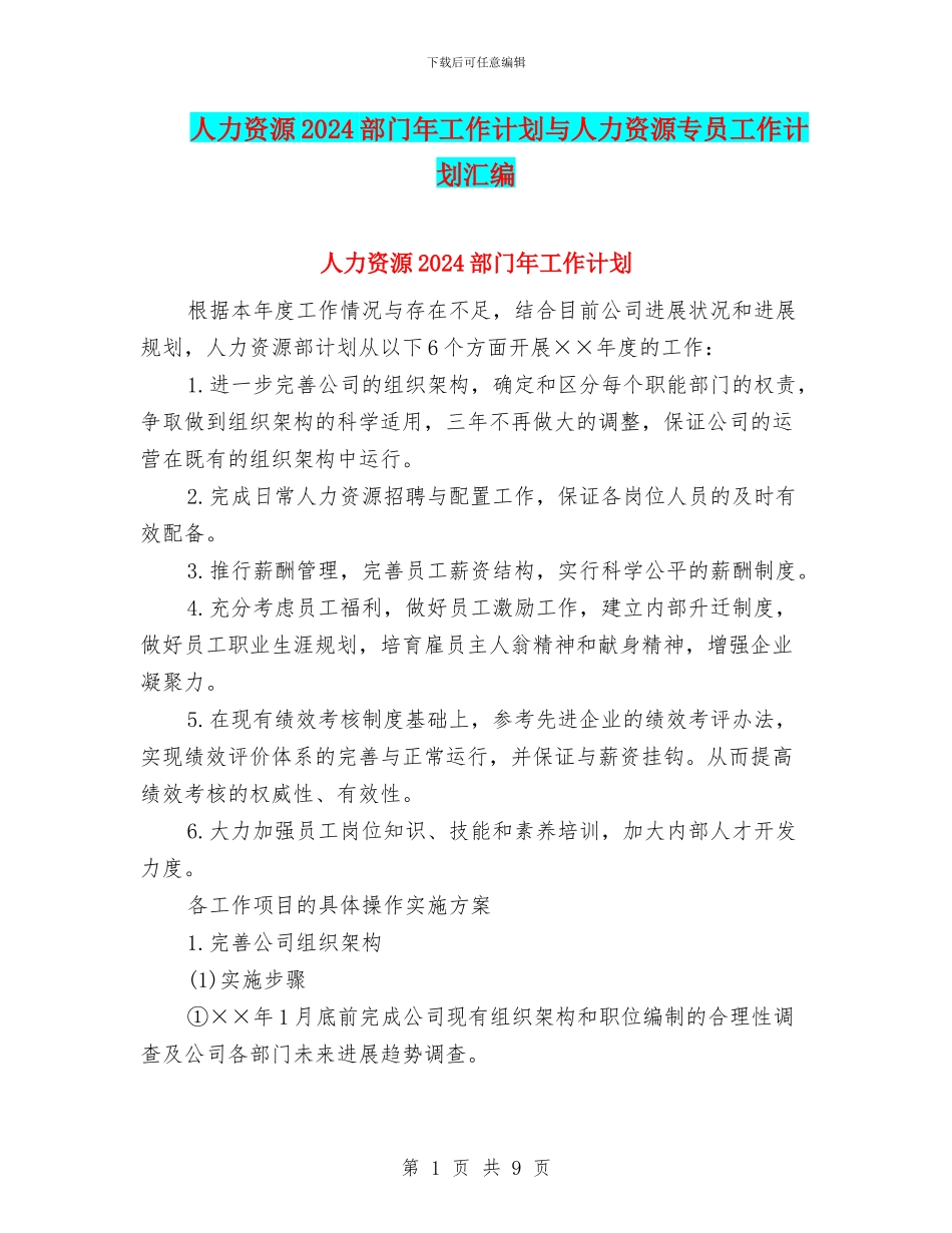人力资源2024部门年工作计划与人力资源专员工作计划汇编_第1页