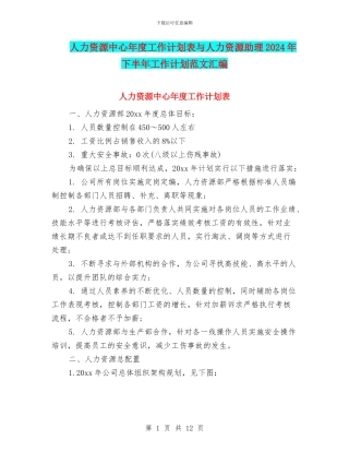 人力资源中心年度工作计划表与人力资源助理2024年下半年工作计划范文汇编