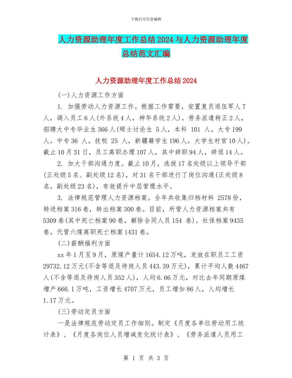 人力资源助理年度工作总结2024与人力资源助理年度总结范文汇编_第1页