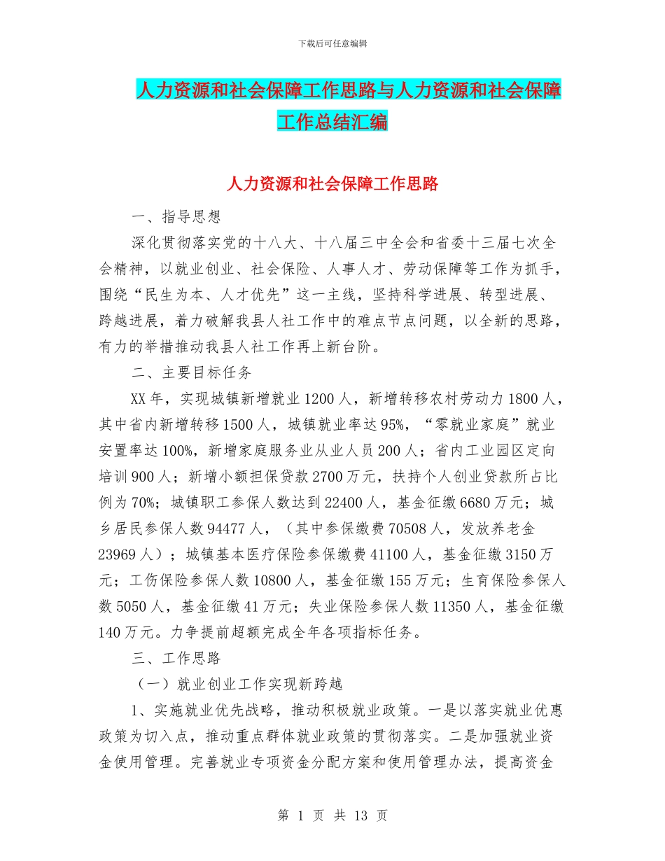 人力资源和社会保障工作思路与人力资源和社会保障工作总结汇编_第1页