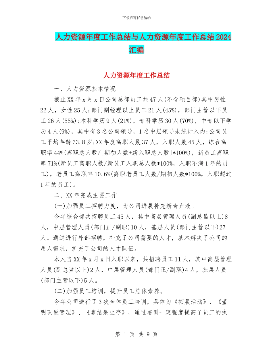 人力资源年度工作总结与人力资源年度工作总结2024汇编_第1页