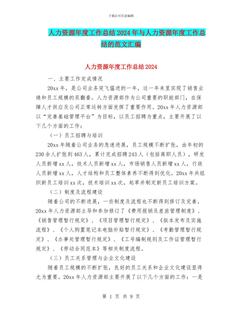 人力资源年度工作总结2024年与人力资源年度工作总结的范文汇编_第1页
