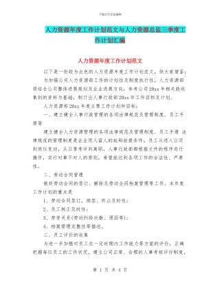 人力资源年度工作计划范文与人力资源总监三季度工作计划汇编