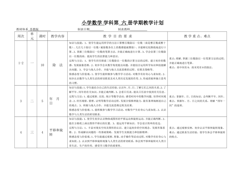 苏教版小学数学第六册教学计划_第1页