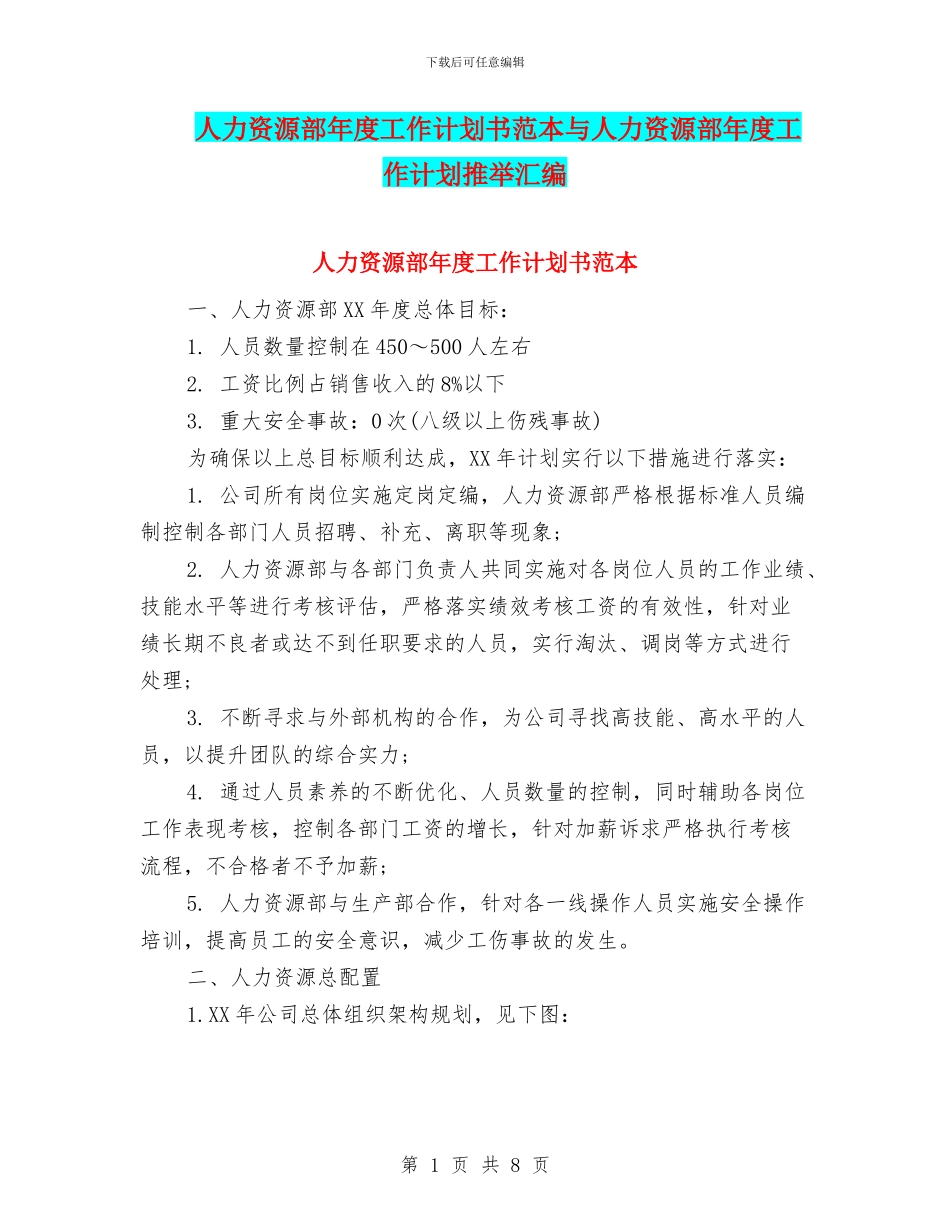 人力资源部年度工作计划书范本与人力资源部年度工作计划推荐汇编_第1页