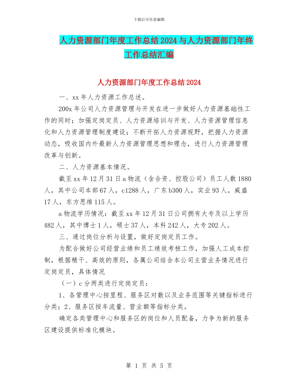 人力资源部门年度工作总结2024与人力资源部门年终工作总结汇编_第1页