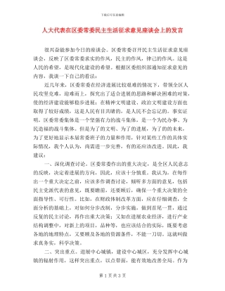 人大代表在区委常委民主生活征求意见座谈会上的发言