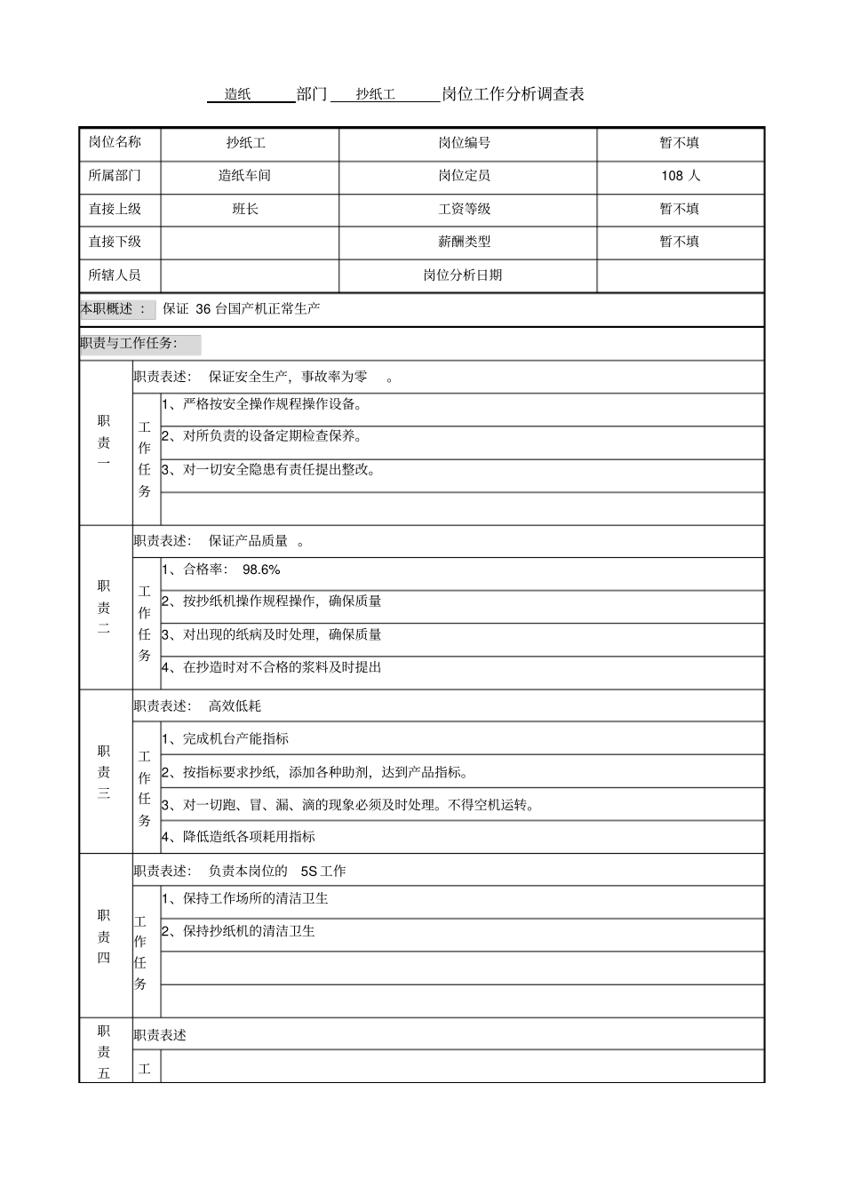 中顺纸业工作分析调查表造纸车间抄纸岗位_第1页