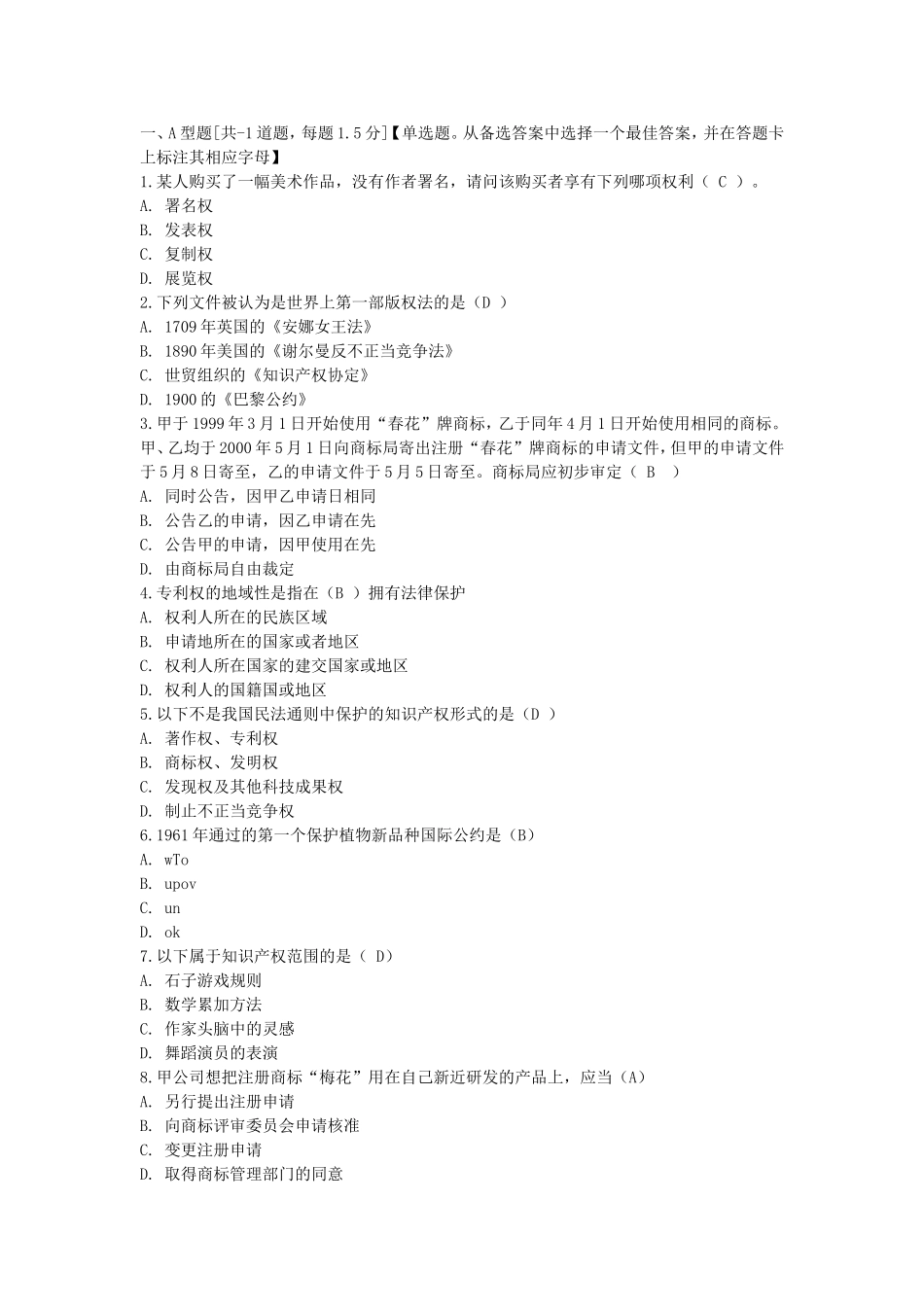 知识产权保护与管理实务试题_第1页