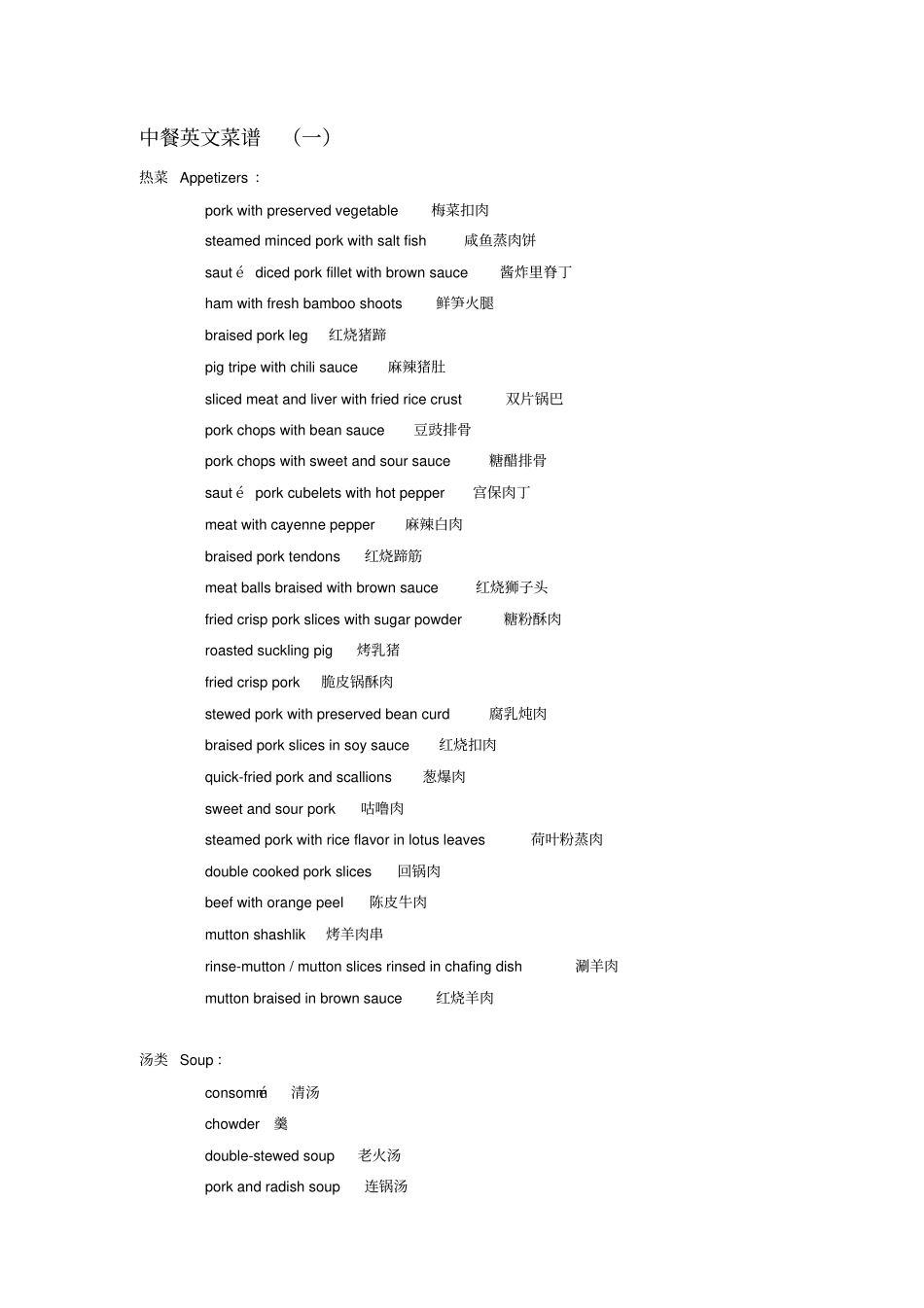 中餐英文菜谱大全_第1页