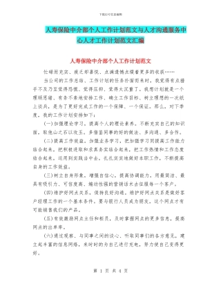 人寿保险中介部个人工作计划范文与人才交流服务中心人才工作计划范文汇编