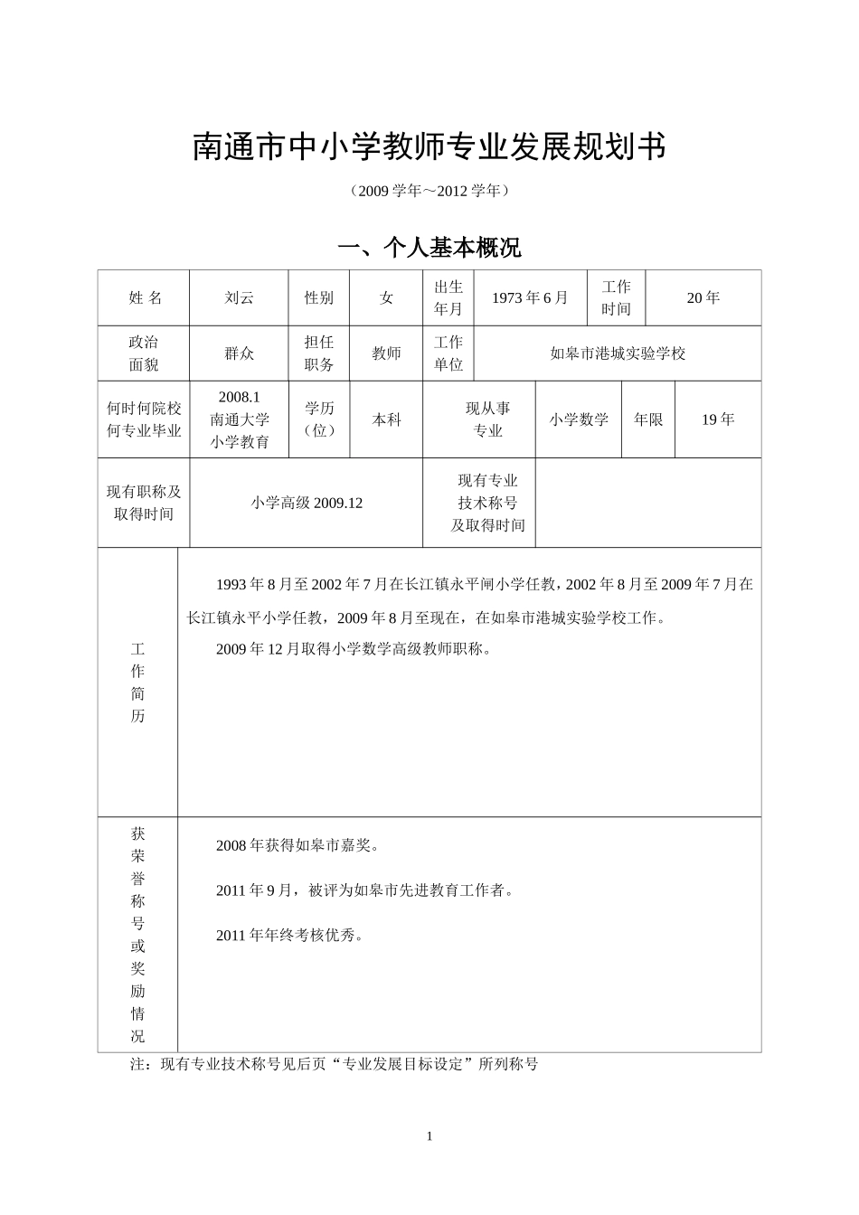 南通市教师专业发展规划书_第1页