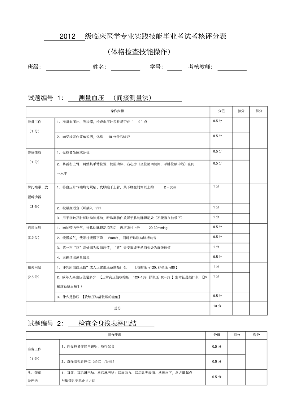 临床医学诊断体格检查技能操作考核评分表排版好_第1页
