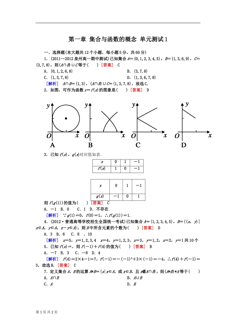 第一章集合与函数的概念单元测试1（人教A版必修1）[1]_第1页