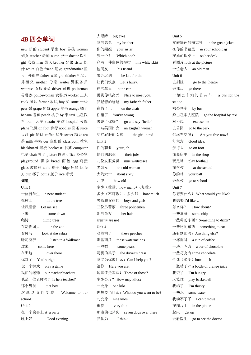 牛津小学英语4B单词及词组总结_第1页