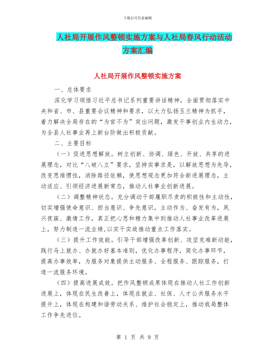 人社局开展作风整顿实施方案与人社局春风行动活动方案汇编_第1页