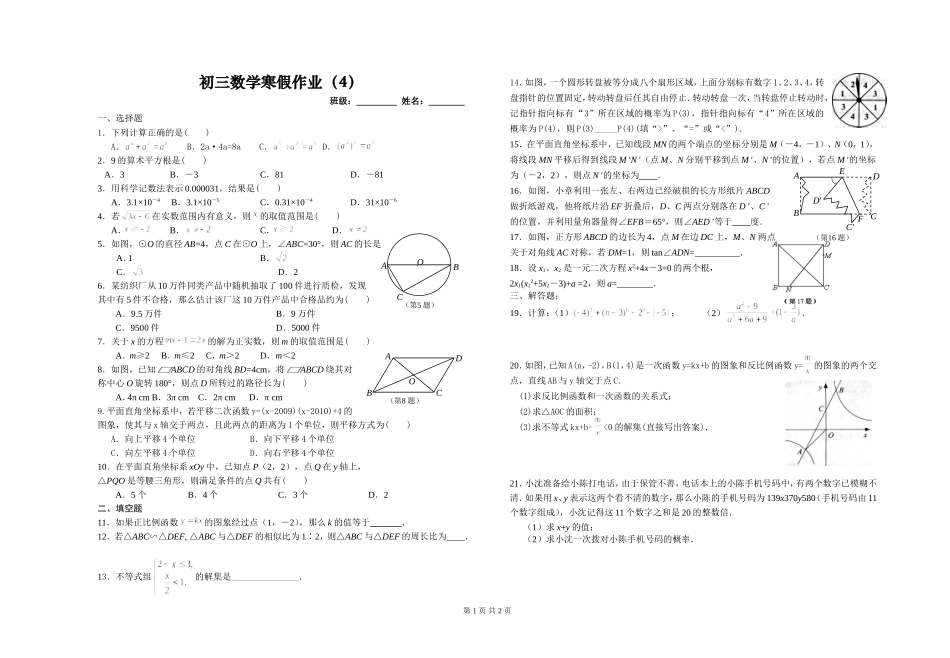 初三数学寒假作业（4）_第1页