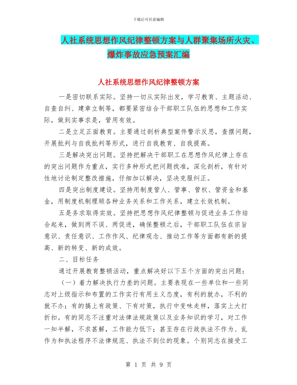 人社系统思想作风纪律整顿方案与人群聚集场所火灾、爆炸事故应急预案汇编_第1页