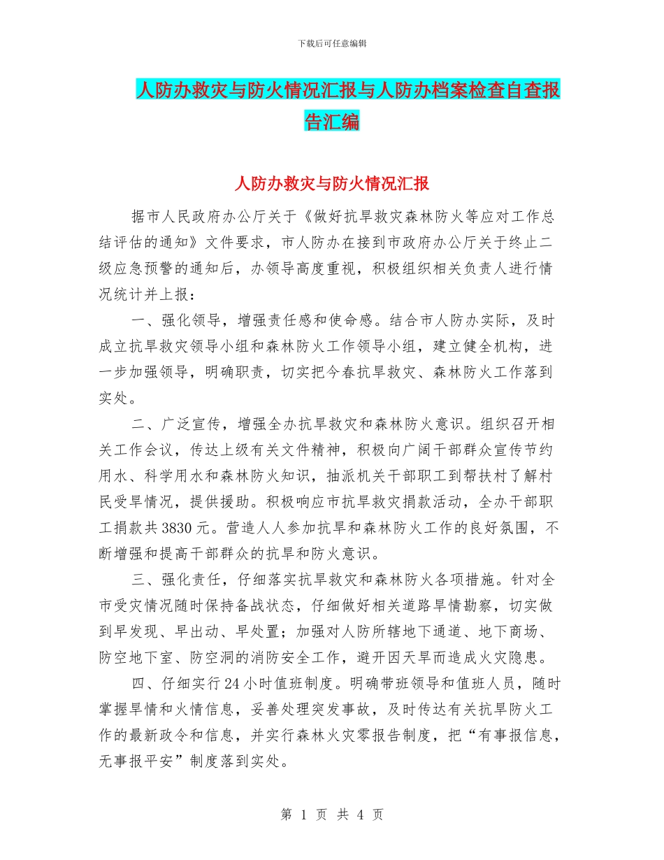 人防办救灾与防火情况汇报与人防办档案检查自查报告汇编_第1页