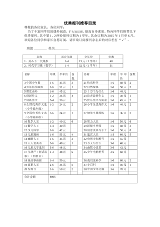 2015学生优秀报刊推荐目录