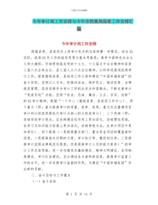 今年审计局工作安排与今年市档案局保密工作安排汇编