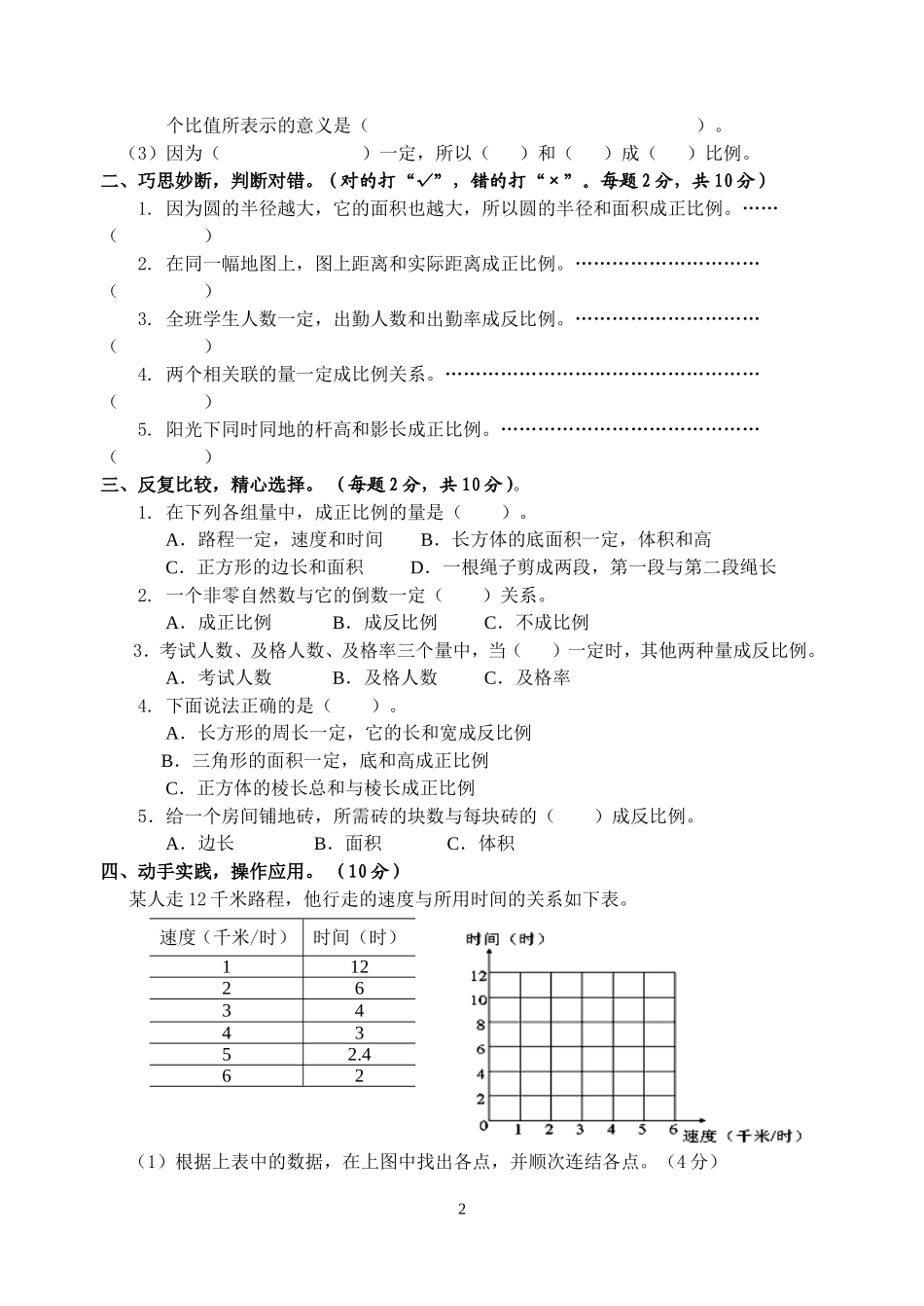 苏教版六(下)数学第五单元正比例和反比例测试卷_第2页