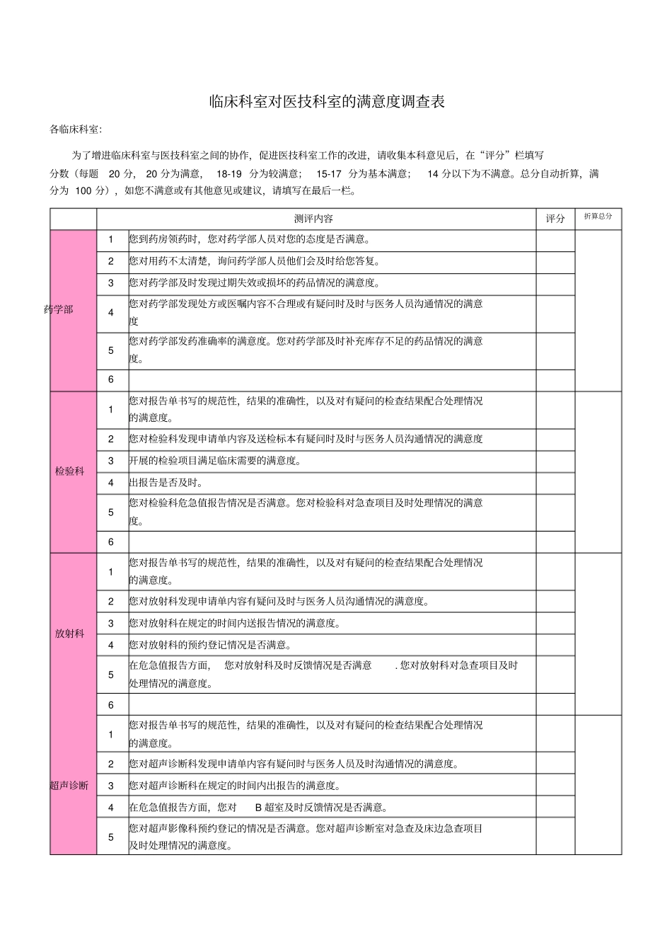 临床科室对医技科室的满意度调查表7-2003文档_第1页