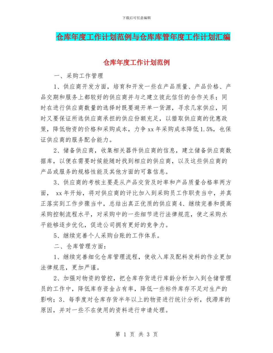 仓库年度工作计划范例与仓库库管年度工作计划汇编_第1页