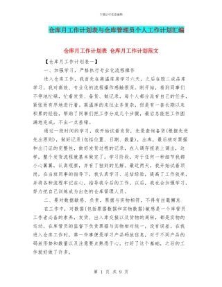 仓库月工作计划表与仓库管理员个人工作计划汇编