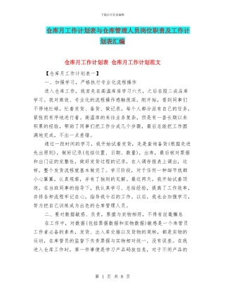 仓库月工作计划表与仓库管理人员岗位职责及工作计划表汇编