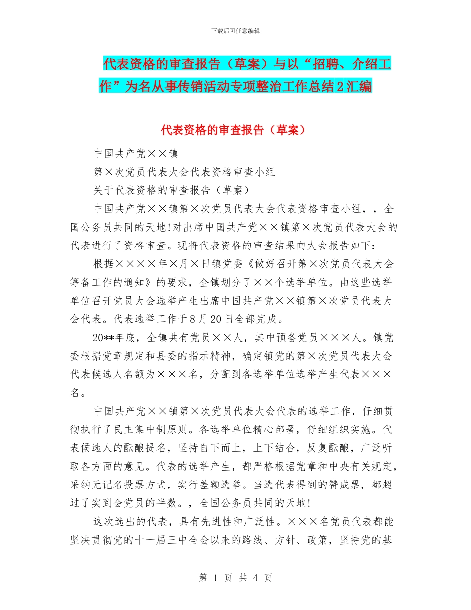 代表资格的审查报告与以“招聘、介绍工作”为名从事传销活动专项整治工作总结2汇编_第1页