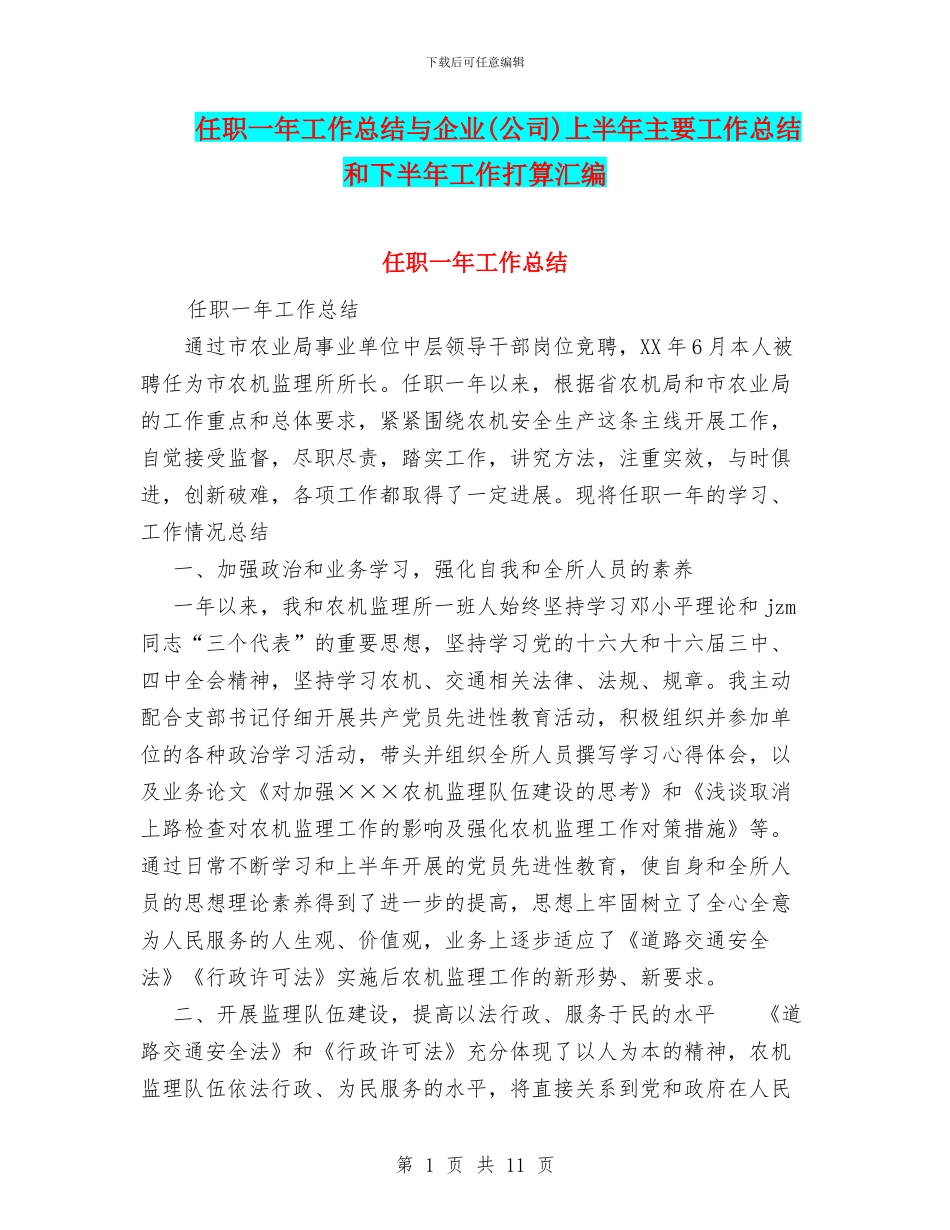 任职一年工作总结与企业上半年主要工作总结和下半年工作打算汇编_第1页