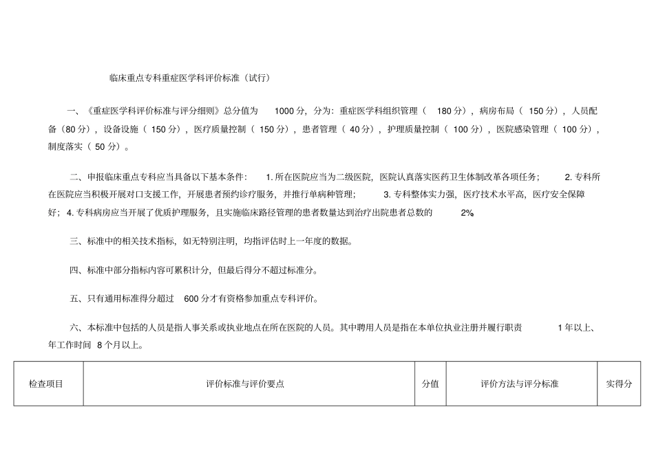 临床重点专科重症医学科评价标准试行_第1页