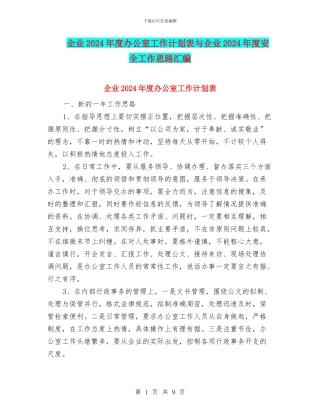 企业2024年度办公室工作计划表与企业2024年度安全工作思路汇编
