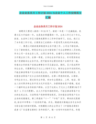 企业业务员月工作计划2024与企业个人工作安排范文汇编
